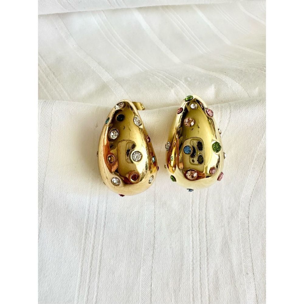 Gold mod style teardrop earrings with multi color cubic zirconia